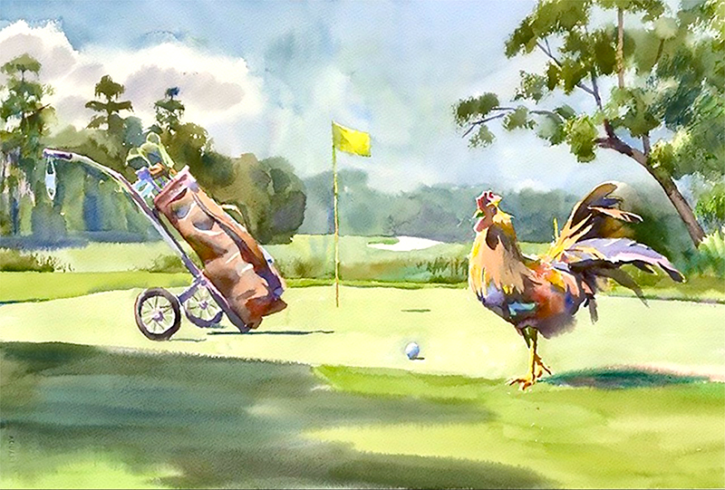 The 2020 Sanderson Farms Championship print includes nods to the pandemic: There were no spectators except for Reveille the rooster, and a face mask dangles from the golf bag.